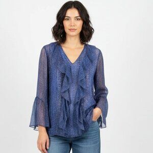 Ellie Tahari Blue Sheer Silk Blend Print Ruffle Bell Sleeveless Blouse Top S